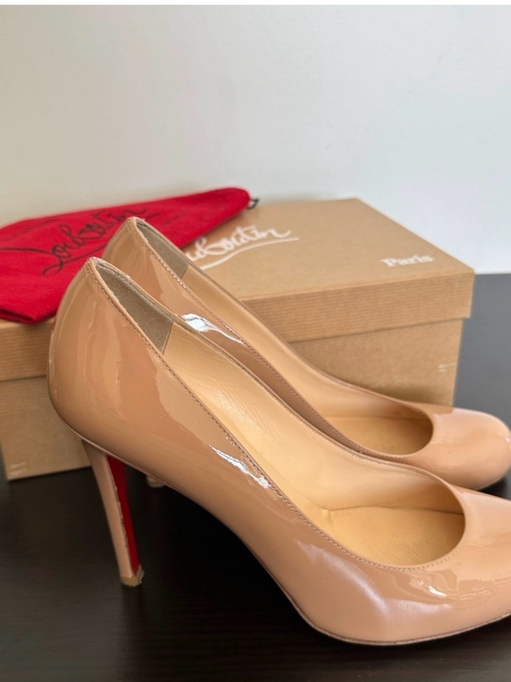 Christian Louboutin Beige Patent Leather Pumps with Red Sole